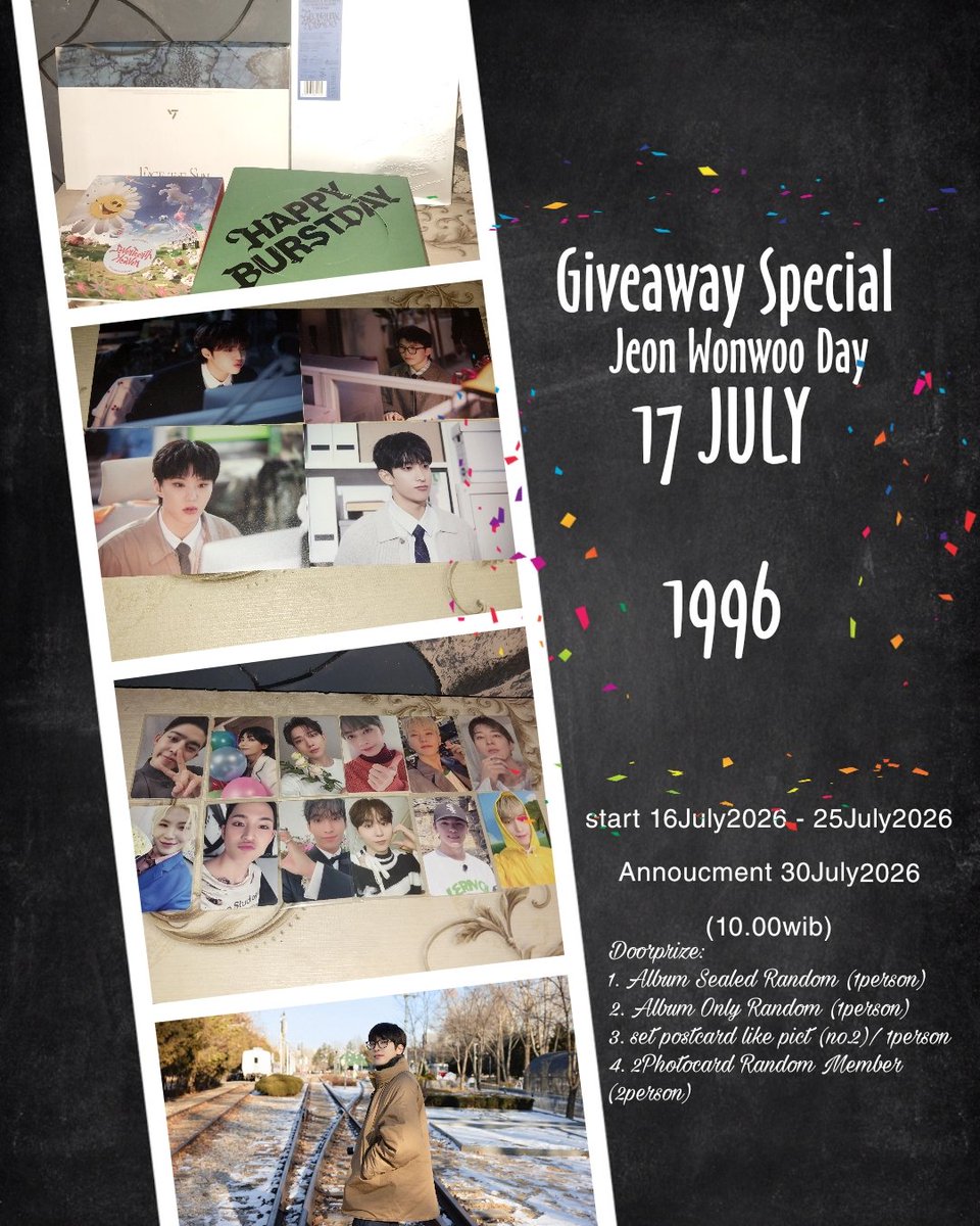 woncyza's tweet photo. GIVEAWAY SPECIAL WONWOO DAY🐈‍⬛

PRIZE:
1. Album SVT Seled (Random) 
2.  Album svt unsealed (random)
3. Set postcard (like foto)
4. 2Random PC member
5. E-wallet 50k

Rules:
1. RT+LIKE this post
2. Drop Pict Wonu Favorit mu
3. Follow IG/X @woncyza (bebas)

#wonwoo #svt #jww https://t.co/X33xCEiVMh
