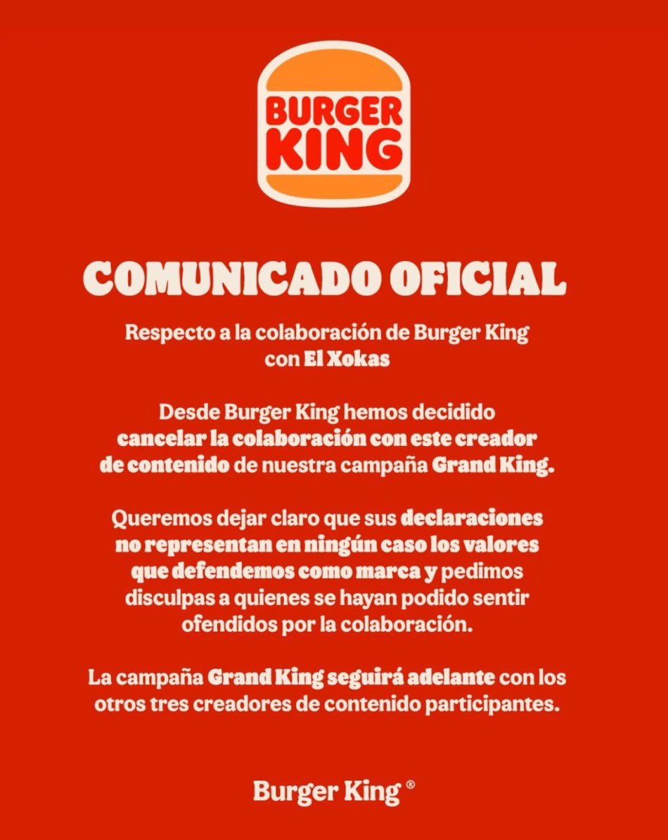 kike_moris's tweet photo. La empresa @BurgerKing acaba de cortar la colaboración con @elxokas por sus comentarios de estos días. 

Por supuesto es libre de hacerlo, como también es libre la gente de dejar de tomar sus hamburgueses. 

Yo creo que se piensan que estamos en 2016 y esto todavía vende. https://t.co/zu5EL5cT8p