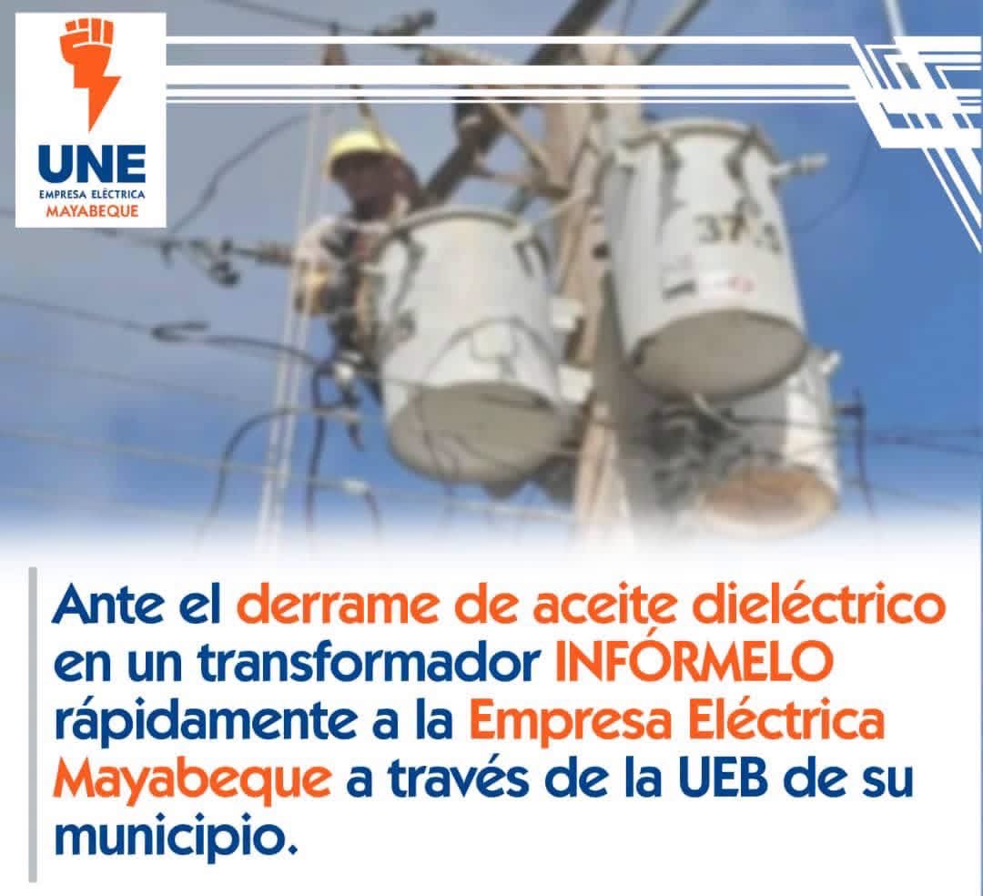 EEMayabeque's tweet photo. 🧏🏻‍♂️| Si observa un derrame de aceite dieléctrico proveniente de un transformador eléctrico, repórtelo de inmediato a la UEB de su municipio. 

#Mayabeque
#UniónEléctrica https://t.co/pQ1qiOrmMl