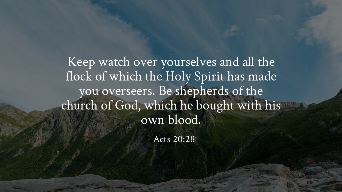 verse_each_day's tweet photo. Keep watch over yourselves and all the flock of which the Holy Spirit has made you overseers. Be shepherds of the church of God, which he bought with his own blood. - Acts 20:28 https://t.co/RJecmiPL0z