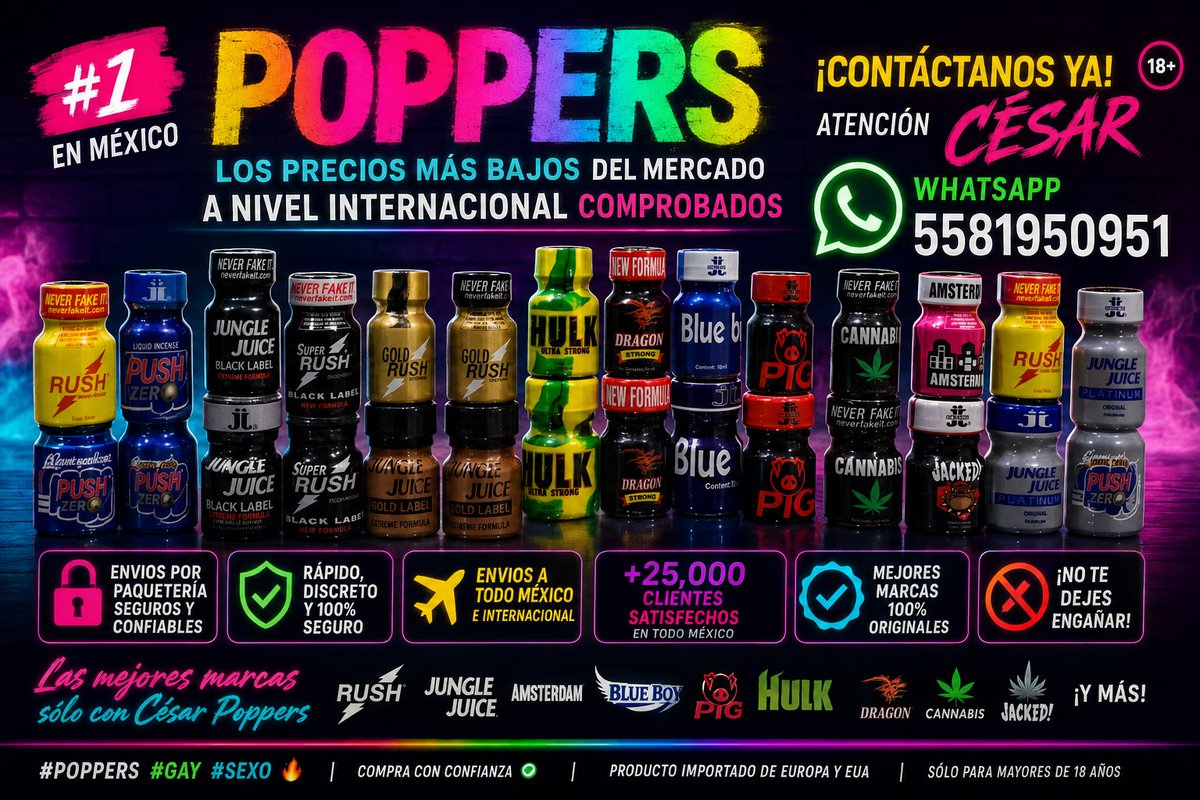 PoppersMexi's tweet photo. 🔞 #POPPERS – CONTÁCTANOS YA
📦 Envíos por paquetería seguros y confiables
🌈 Atención César
📲 WhatsApp: 5581950951
✅ Las mejores marcas 💯 originales
🚫 ¡No te dejes engañar!
💬 Más de 25,000 clientes satisfechos en todo México📍🇲🇽 | ✈️ Rápido, discreto 
#POPPERS #Gay #Sexo 🔥 https://t.co/c6NrgudUIO