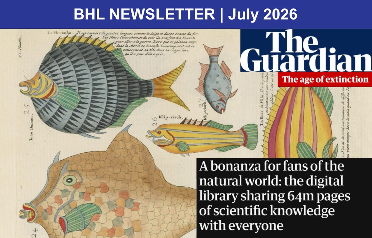 BioDivLibrary's tweet photo. BHL’s latest newsletter is out!

Catch up on BHL in @guardian, our server move to the @FieldMuseum, the new BHL Community Forum, Annual Meeting highlights, new member news, and more from our 20th anniversary year.

Read it here: https://t.co/B82jDkaRnO 🧪 https://t.co/sZFTjNUXjM