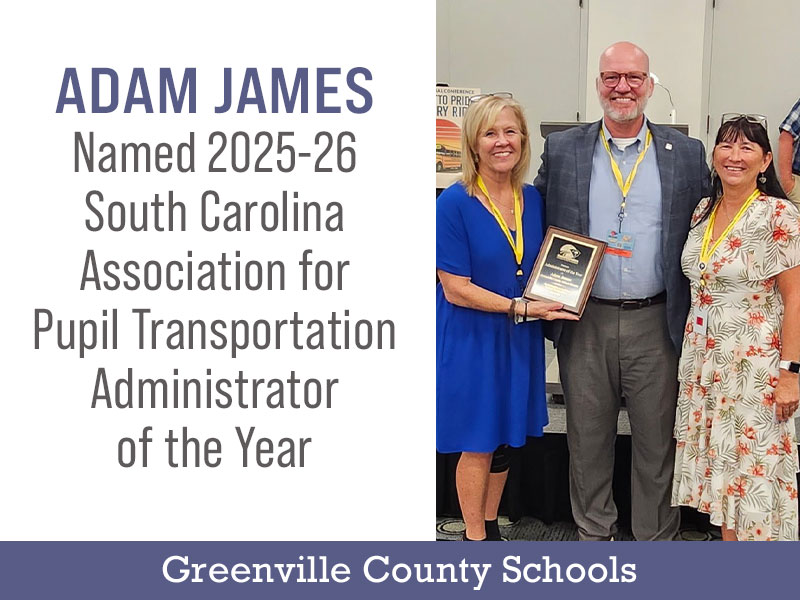 gcschools's tweet photo. GCS Transportation Director Adam James has been named the 2025-26 Administrator of the Year by the South Carolina Association for Pupil Transportation (SCAPT). James received the honor during the organization's annual conference this week. More: https://t.co/B7rUbwzijJ https://t.co/a0BWVtcL5o