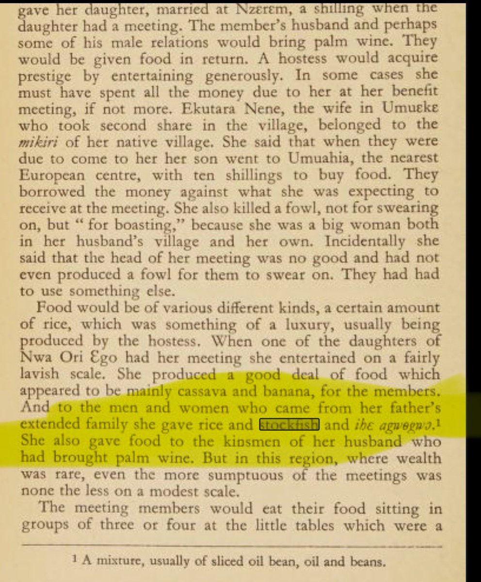 starqueensly's tweet photo. While the civil war may have increased the import and availability of Norwegian Okporoko (stockfish), it did not introduce okporoko into Igbo cuisine. M. M. Green based on fieldwork carried out between 1934 and 1935 decades before the war documents okporoko as an established part of the Igbo culinary tradition. Her account records okporoko as a regular soup ingredient, a food bought for family use and festive occasions, an item of local trade, and a dish served at women’s meetings and other communal gatherings. Green also describes okporoko and dried fish as distinct foods, showing that both already had recognised places in the Igbo diet. 

From the historical record, the civil war is a period that expanded the import of Norwegian okporoko, not the origin of its place in Igbo cuisine