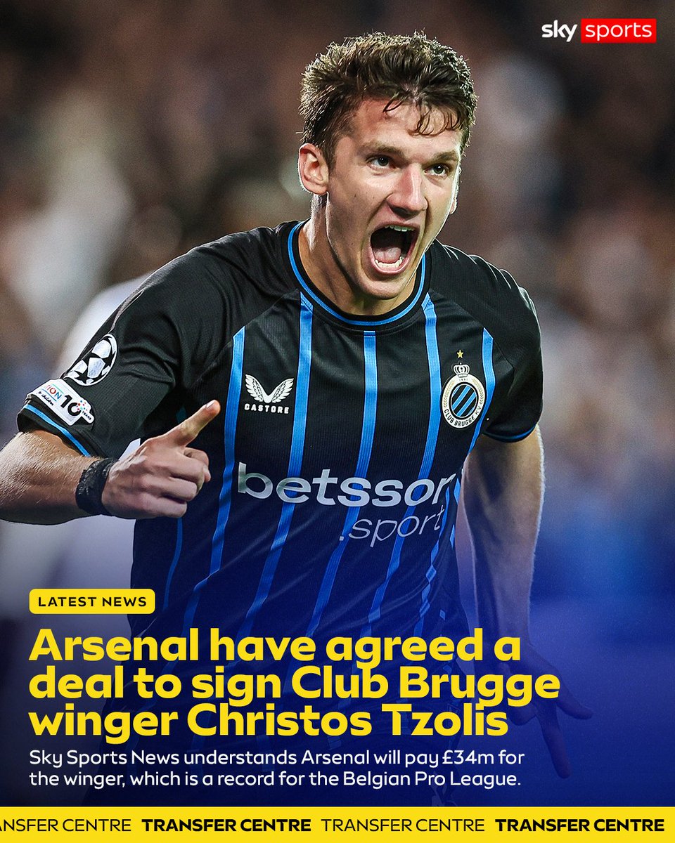 SkySportsPL's tweet photo. Arsenal have agreed a deal to sign Club Brugge winger Christos Tzolis 🔴 https://t.co/l6C7JhMkya