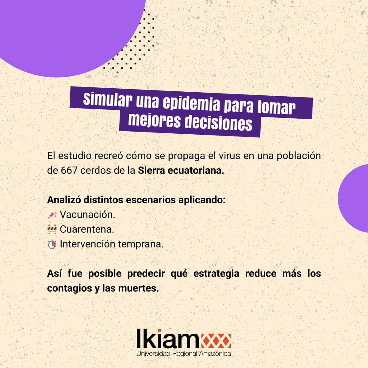 u_ikiam's tweet photo. 🐷📊 El docente de Ikiam Jorge Ríos Obregón y la estudiante Lizeth Silva Godoy, junto a más investigadores, publicaron el artículo “Dynamic epidemiological modeling of fractional order SEICD for the control of spread of the classical swine fever virus” en una revista científica indexada en Q1, una de las categorías de mayor impacto académico.

El estudio desarrolla un modelo matemático que permite predecir la propagación de la peste porcina clásica en granjas ecuatorianas y evaluar el efecto de medidas como la vacunación y la cuarentena. 

Los resultados muestran que una respuesta temprana puede reducir significativamente la mortalidad y fortalecer el control de esta enfermedad que afecta a la producción porcina.

🔬 Conoce más sobre esta investigación:
https://t.co/lBW2xcKd9K