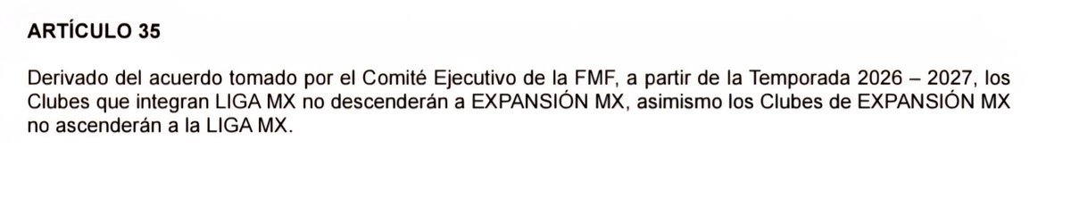joserra_espn's tweet photo. SE ACABÓ EL MÉRITO DEPORTIVO💥

La Liga MX confirma en su reglamento que no habrá ascenso ni descenso a partir de la temporada 2026-27. 

Sin el riesgo de descender, la exigencia deportiva inevitablemente disminuye.
Fuerte golpe a la competitividad del fútbol mexicano. https://t.co/C3rsPror67