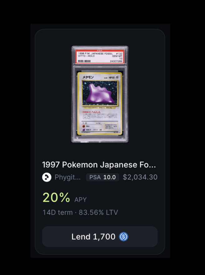 FabianoSolana's tweet photo. Wait...

You can earn yield with Pokémon cards now?

A) Borrower repays → Up to 20% APY on your USDC

B) Borrower doesn't repay → You buy the card at a 30% discount.

Considering Pokémon cards are often more stable than NFTs or memecoins this is surprisingly low-risk https://t.co/Fn26sGSlZ3