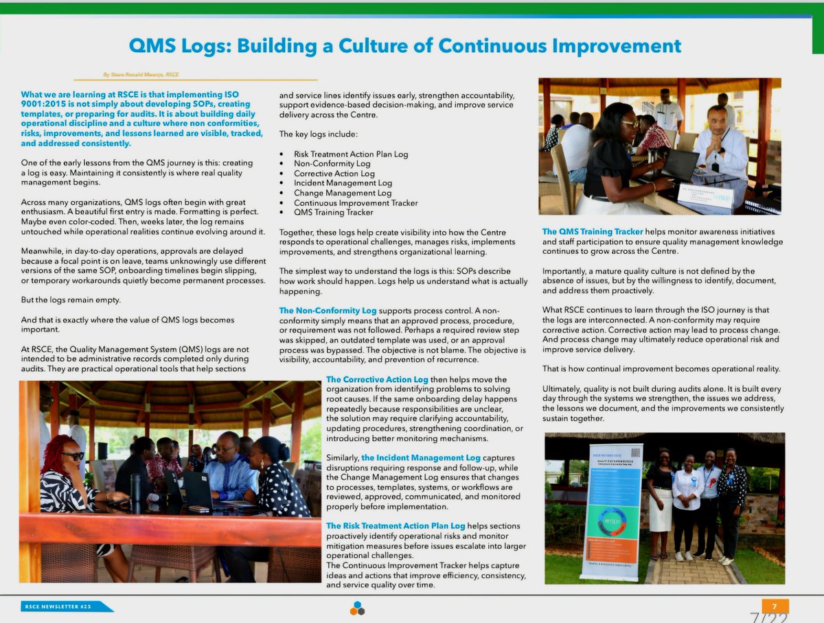 RonaldMwanje2's tweet photo. 📖 Proud my article on 𝗜𝗦𝗢 𝟵𝟬𝟬𝟭:𝟮𝟬𝟭𝟱 QMS was featured in 𝗥𝗦𝗖𝗘 Newsletter #23. Quality is built daily through SOPs, QMS logs &amp; continual improvement. #ISO9001 #RSCE https://t.co/g49zzYom5L