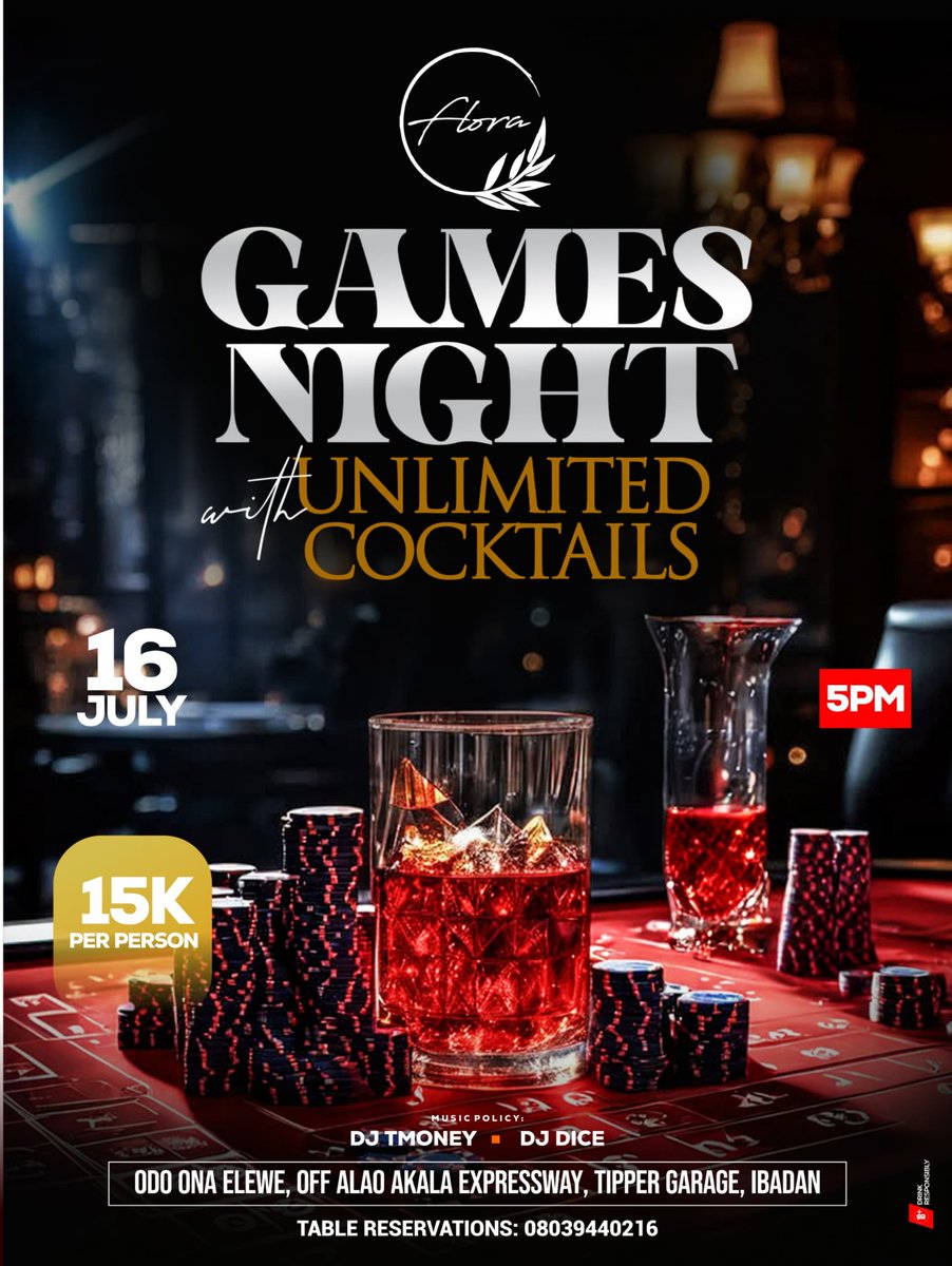 Flora_Ibadan's tweet photo. Join us for an unforgettable Games Night filled with fun, laughter, great music, and UNLIMITED COCKTAILS! 🍸🔥
Gather your friends, bring your competitive spirit, and let's make tonight one to remember!
See you there! 🥂🎲 #GamesNight #UnlimitedCocktails #Tonight #GoodVibesOnly https://t.co/xCcDVGobCD