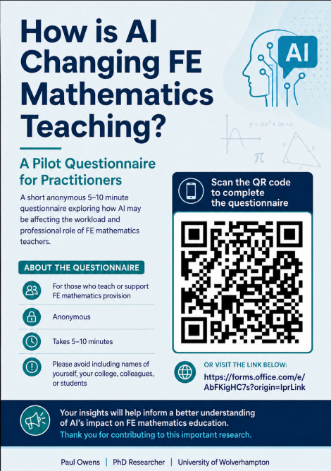 Realtimeedu's tweet photo. #FE friends in a maths/ITE role, please take 5 minutes to help Paul Owens with his @wlv_uni PhD research into the impacts of #AI on maths teachers' role and workload. 
Fascinating and important questions being asked. 
Thank you! 
#loveFE #AmplifyFE https://t.co/jVXED9ozHl