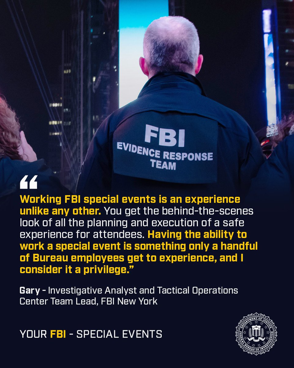 FBI's tweet photo. Time is ticking down to the end of the World Cup, but @newyorkfbi is used to countdowns. In addition to helping secure eight total matches for the World Cup this year in New York/New Jersey, the New York field office protects countless other celebrations, including one of the biggest annual events: New Years Eve in Times Square.