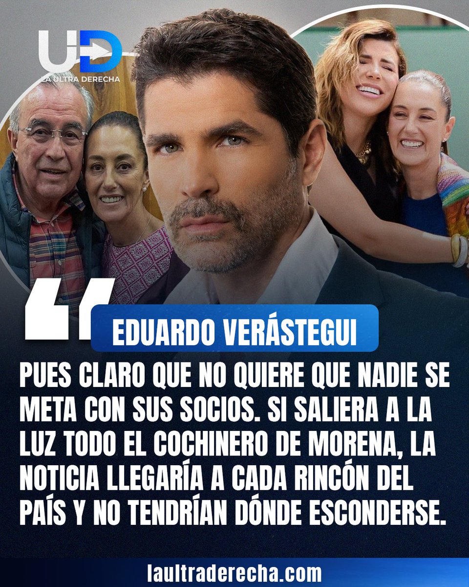 LUltraDerecha's tweet photo. 🔥|🚨#VIRAL ¡VERÁSTEGUI ACUSA A SHEINBAUM DE PROTEGER A SUS SOCIOS! El guadalupano @EVerastegui arremetió contra Claudia Sheinbaum después de que pidiera evitar injerencias extranjeras en México.

Verástegui sostuvo que la mandataria busca impedir que salgan a la luz los presuntos vínculos y escándalos de MORENA. “Si se conociera todo el cochinero, no tendrían dónde esconderse”, afirmó.