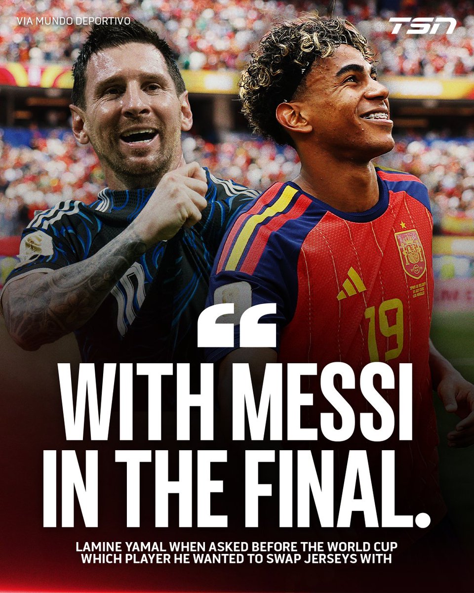 TSN_Sports's tweet photo. Before the start of the #FIFAWorldCup, Lamine Yamal said his dream player to swap jerseys with would be Lionel Messi in the final.

Now, he's going to get his chance 👀 https://t.co/HC6OEeV1xG
