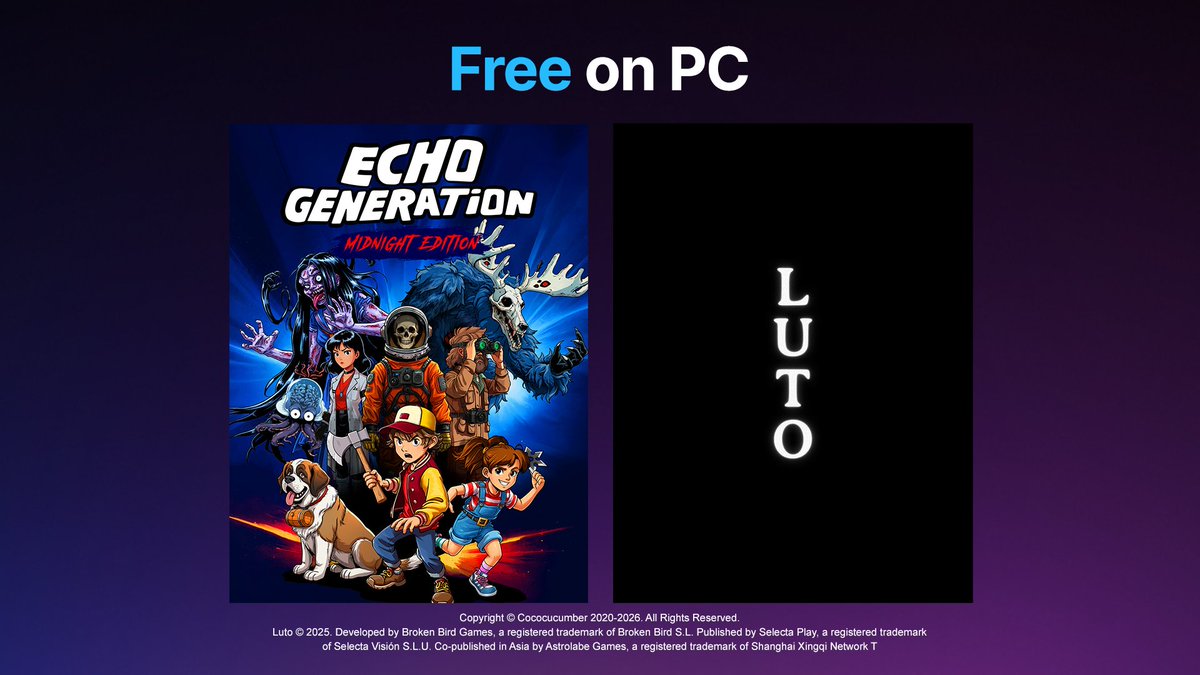EpicGames's tweet photo. It's spooky gamer summer!
Get Echo Generation: Midnight Edition and Luto for FREE until July 23. https://t.co/mqSSRozzVT @cococucumberco @BrokenBirdGames https://t.co/6jywYEzelt