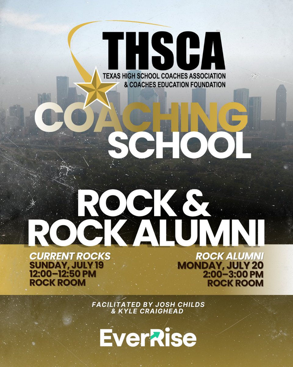 EverRiseData's tweet photo. The best coaching conversations continue long after the session ends.

Join EverRise for:

📍 Current ROCKs
🗓 July 19 | 🕛 12:00–12:50 PM 

📍 ROCK Alumni
🗓 July 20 | 🕑 2:00–3:00 PM 

We can't wait to connect with the ROCK community at #THSCA!

#ROCK #EverRise #THSCA #THSCACoachingSchool