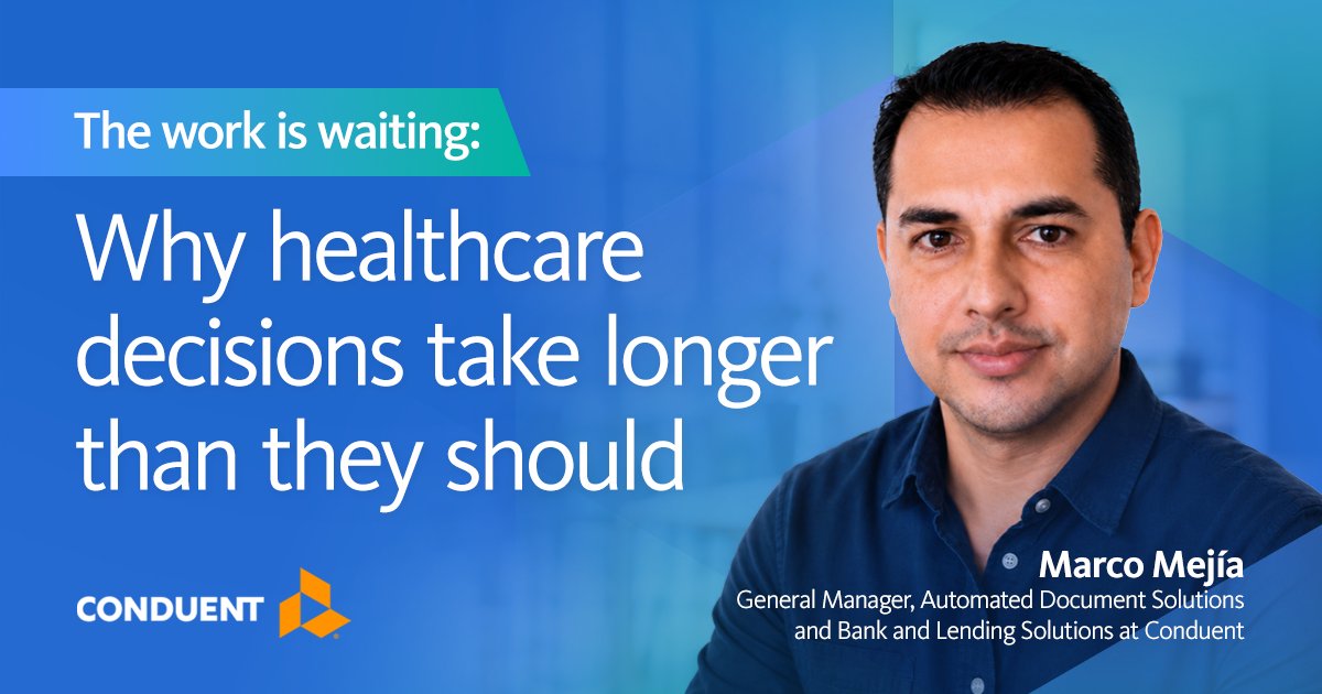 Conduent's tweet photo. Healthcare organizations don’t lack information, they lack speed to action. Conduent's Marco Mejía explores why decisions often take longer than they should and how leading payers are improving member experience. Read more: https://t.co/U2bMICpnPG https://t.co/cfQzDhkwIe