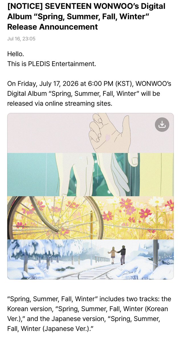 minghaocheoI_'s tweet photo. WONWOO'S DIGITAL ALBUM WILL BE RELEASED TOMORROW AT 6PM KST 😭😭😭😭😭😭 

"Spring, Summer, Fall, Winter" with korean and japanese versions!

WONWOO 😭😭😭😭😭 https://t.co/RxGRXP5GZh