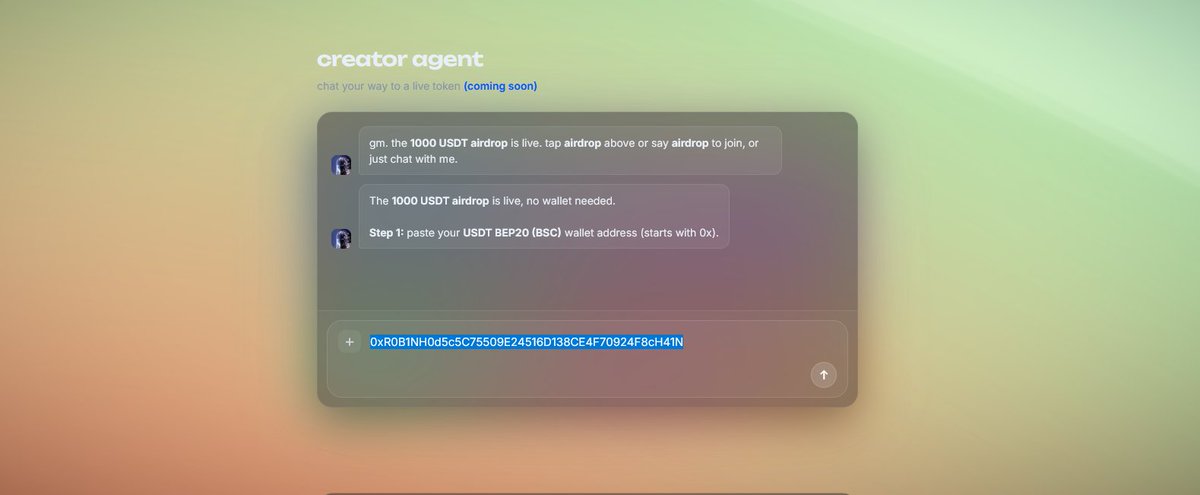 creatoragent_'s tweet photo. Launch your own token on Robinhood Chain just by chatting.
No forms. No code. Just tell the agent your idea and it deploys, live and tradeable in seconds.

Token launches are coming soon. But first, we're celebrating with the community:

🎁 $1,000 USDT AIRDROP 🎁
20 winners · random $50 each

How to enter 👇
1️⃣ Follow @creatoragent_ & @ThoLynceus
2️⃣ Go to https://t.co/7syIHSY1Np → tap "airdrop"
3️⃣ Submit your USDT (BEP20) address
4️⃣ Complete the tasks

Winners announced here. Good luck. 🍀

#Airdrop #USDT #Crypto #RobinhoodChain