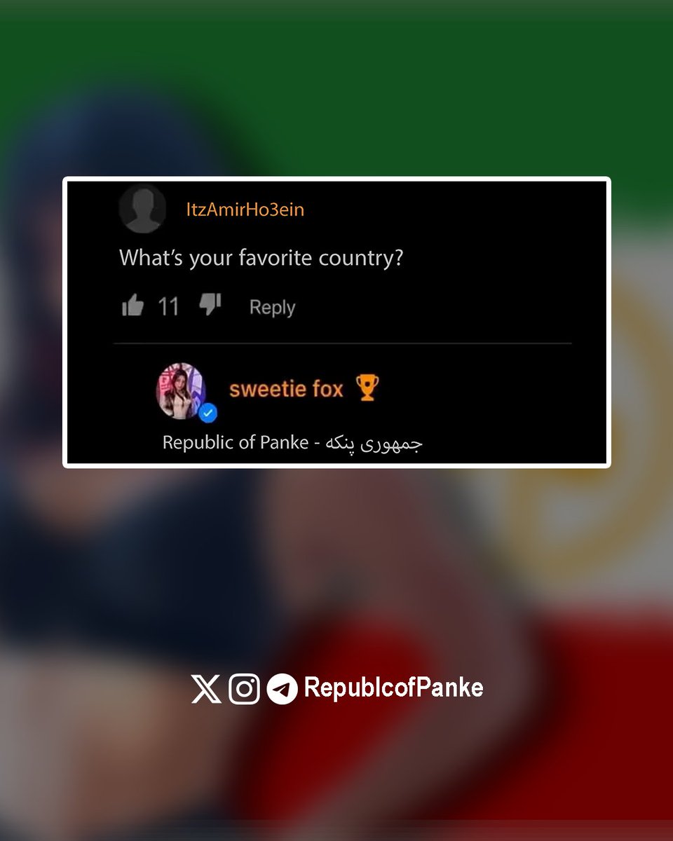 RepublicofPanke's tweet photo. 🔴بانو سوییتی فاکس رسما حمایت خود را از #جمهوری_پنکه اعلان کرد🔴

🔸بانو سوییتی فکس در جواب یکی از طرفدار های خود در زیر کامنت های یکی از ویدئو هایش که از او پرسیده بود "کشور مورد علاقت چیست؟" گفت "جمهوری پنکه" https://t.co/ePi4o2KaOC