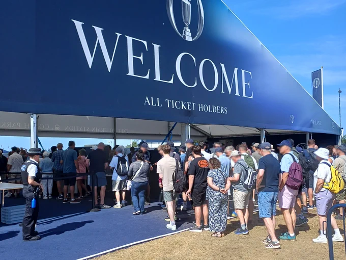 Project Servator officers deployed at the entrance to Royal Birkdale Golf Club near ticketholders queuing to gain entry