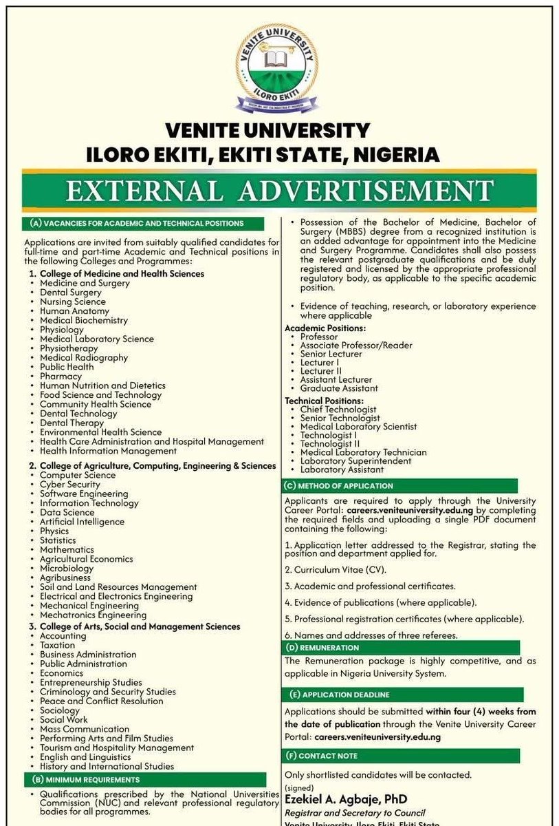 JOBCORNER247's tweet photo. Venite University Recruitment 2026

Venite University, Iloro Ekiti, is recruiting for multiple Academic and Technical positions.

Opportunities are available in:
• Medicine & Health Sciences
• Computing
• Engineering
• Agriculture
• Sciences
• Arts
• Social & Management Sciences

If you're passionate about teaching, research, innovation, or technical excellence, this is an opportunity to join a fast-growing institution committed to academic excellence.

Apply: https://t.co/pYc0e8ER1e

Deadline: Four (4) weeks from the date of publication.

Only shortlisted candidates will be contacted.

#NigeriaJobs #AcademicJobs #UniversityJobs #TeachingJobs #CareerOpportunity
