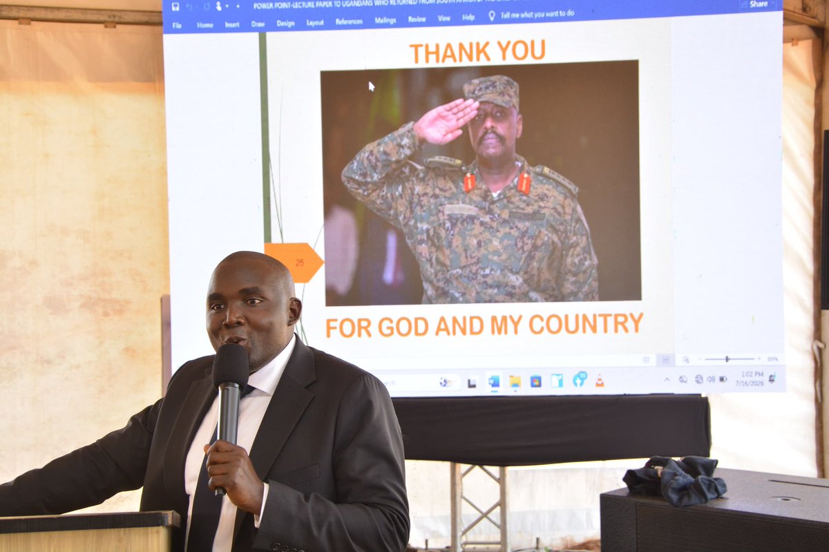 PLUsecretariat's tweet photo. CDF Gen. Muhoozi Kainerugaba Assures Returnees of UPDF Protection as Government Pledges Enabling Framework

Kyankwanzi, Uganda – In a message delivered on Thursday, July 16, 2026, at the National Leadership Institute (NALI) in Kyankwanzi, Chief of Defence Forces (CDF) Gen. Muhoozi Kainerugaba has assured returning Ugandans of the UPDF’s commitment to safeguarding peace.

Representing the CDF, Patriotic League of Uganda (PLU) General Secretary Rt. Hon. Twalla Fadil addressed participants undergoing orientation, mindset change, and reintegration training.
“The UPDF will guard the peace. Government will provide the framework. But the real work is yours,” the message stated. “Let us meet again in one year and account for the enterprises and jobs we will have built together. But always remember: Development is NOT done for the people. It is by the people.”

The statement underscores a partnership approach, security and policy support from the state, paired with active citizen-led economic initiatives. The reintegration programme aims to equip returnees with the skills and mindset needed for productive reintegration into Ugandan society.

This development-focused message highlights the government’s emphasis on self-reliance, patriotism, and long-term accountability in nation-building.