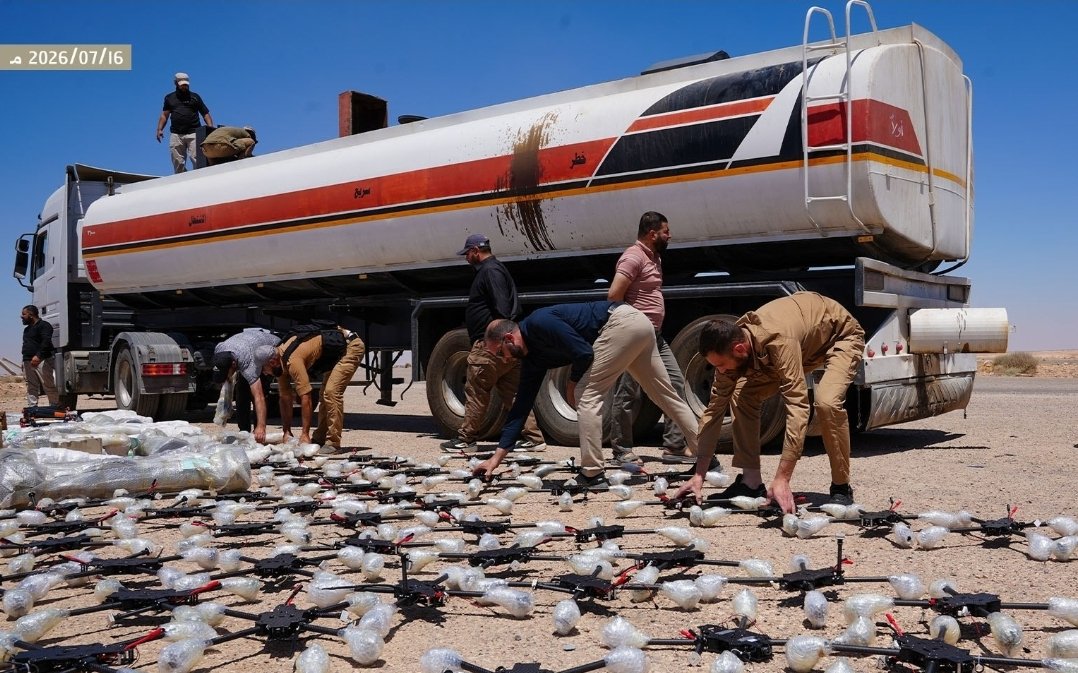 SaladinAlDronni's tweet photo. Syria announces a seizure of IRGC smuggling attempt at the border with Iraq. Hundreds of drones,weapons and rockets were hidden in one of oil tankers destined for Syria port, no doubt linked to Hezbollah's war against Israel in Lebanon. One wonders how many get through. #Syria https://t.co/zN2SeEZCRx