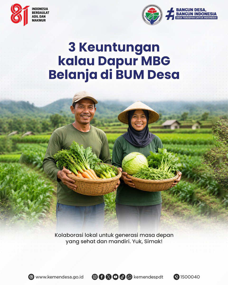 kemendespdt's tweet photo. Sobat Desa, Program Makan Bergizi Gratis (MBG) menjadi momentum penguatan ekonomi desa melalui optimalisasi peran BUM Desa. 

Sinergi ini menjamin ketersediaan bahan pangan berkualitas bagi Dapur MBG sekaligus memastikan perputaran ekonomi tetap berputar di tingkat desa. https://t.co/MiGbRJGldP