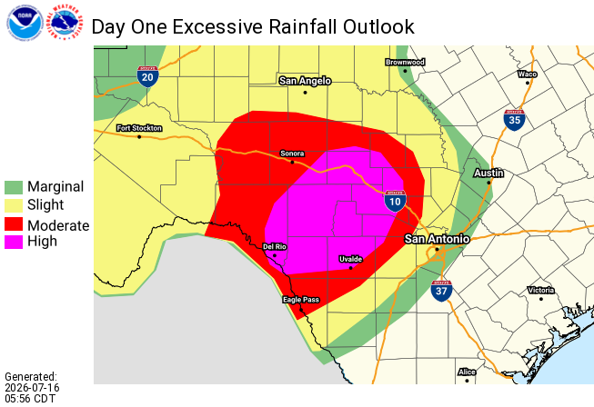 NWSWPC's tweet photo. A 🚨HIGH RISK🚨 of Excessive Rainfall remains in effect this morning across parts of South-Central Texas, where significant flash flooding is already occurring. Most flood fatalities are associated with vehicles. If you come across flooded roadways, turn around don't drown!! https://t.co/sxRq4irRix