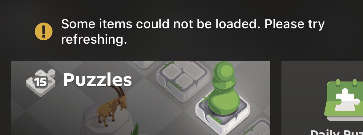 abhinavnayan_'s tweet photo. Anyone else seeing this on @chesscom ?
“Some items could not be loaded. Please try refreshing.”
Tried refreshing but it’s still happening. Is https://t.co/V2BkclxylA down? #chessdotcom #chess https://t.co/wrGzPXrYqd