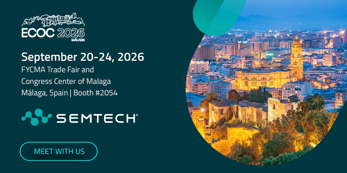 SemtechCorp's tweet photo. The future of optical connectivity is being written right now, and we're bringing our part of it to Málaga. Semtech is at #ECOC2026, Sept 21–23, Europe's largest optical communications event. 
Come see our latest tech at booth 2054. 
#Semtech #SIP #OpticalCommunications https://t.co/cC8LWM32tG