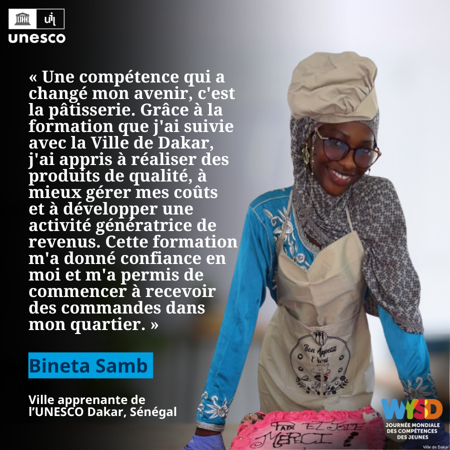 UIL's tweet photo. À l'occasion de la #JournéeMondialeDesCompétencesDesJeunes, Bineta et Thierno montrent comment la Ville apprenante de l'UNESCO de Dakar aide les jeunes à entreprendre, innover et construire leur avenir.

🔗 https://t.co/IRAF59kE8P https://t.co/HwJW23FT4N