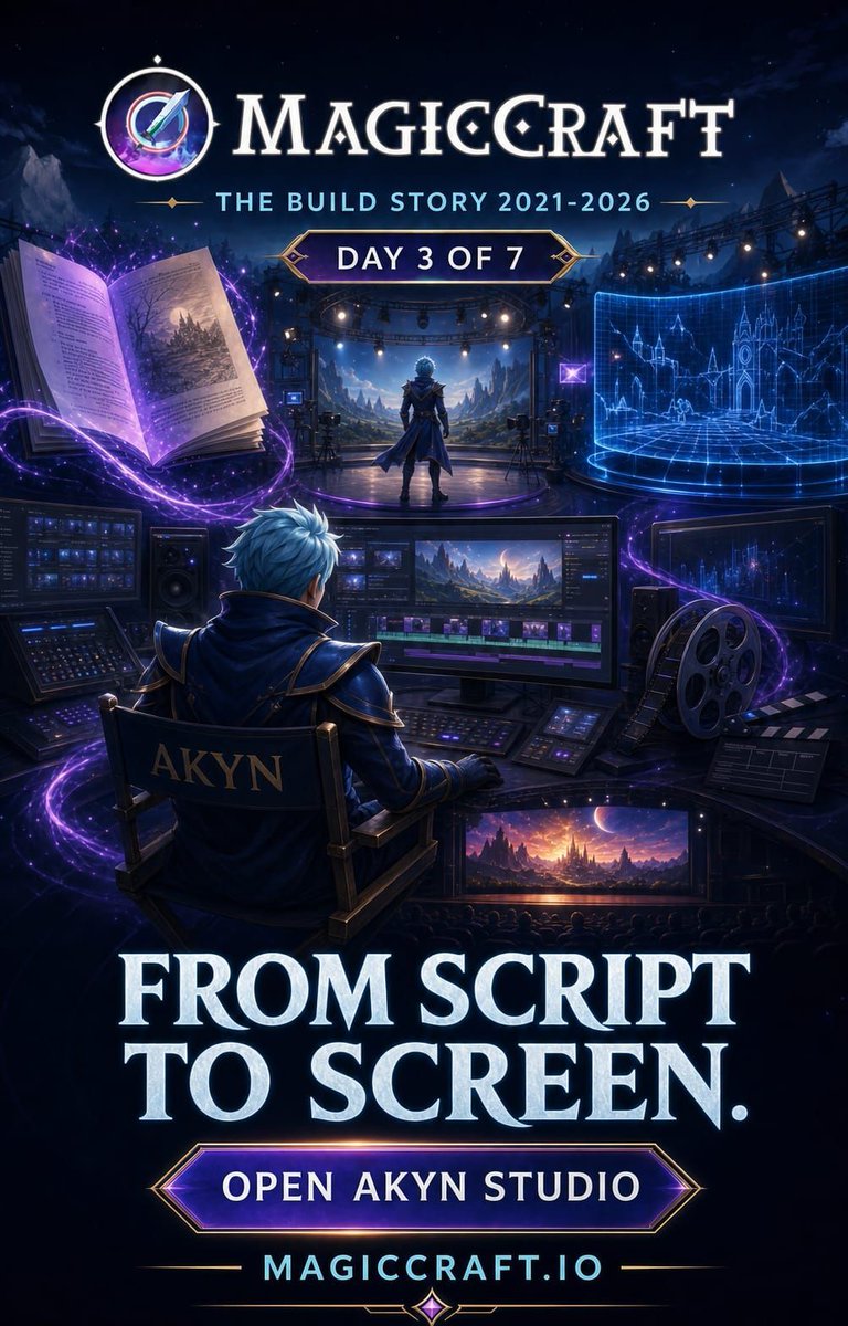 MagicCraftGame's tweet photo. Day 3/7: Akyn brings an AI film workflow into one studio: ideas, reusable characters and locations, generated scenes, editing and final video. 

Explore Akyn: https://t.co/ieNSTAb91H https://t.co/BlEviqLlEf