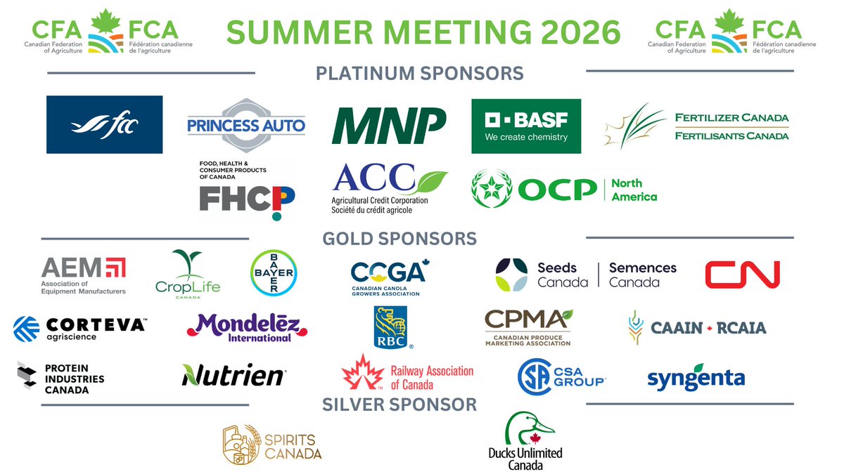 CFAFCA's tweet photo. CFA would like to thank all our sponsors for the CFA Summer Meeting! We look forward to working together with you for the betterment of #cdnag and farmers all across Canada!
#CFASummer26 https://t.co/LCwVyz1SLQ