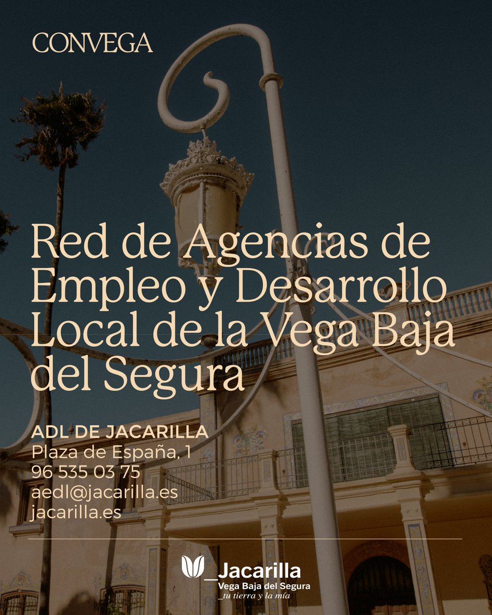 convega_com's tweet photo. ¿Qué es una Agencia de Empleo y Desarrollo Local?
👉 Si buscas empleo o montar un negocio en Jacarilla, la Agencia de Desarrollo Local (ADL) es tu punto de apoyo.
ℹ️ Más información en https://t.co/sdk6U0PefE
#Jacarilla #vegabajadelsegura #tutierraylamia #Convega https://t.co/rWDKz2Ja6K
