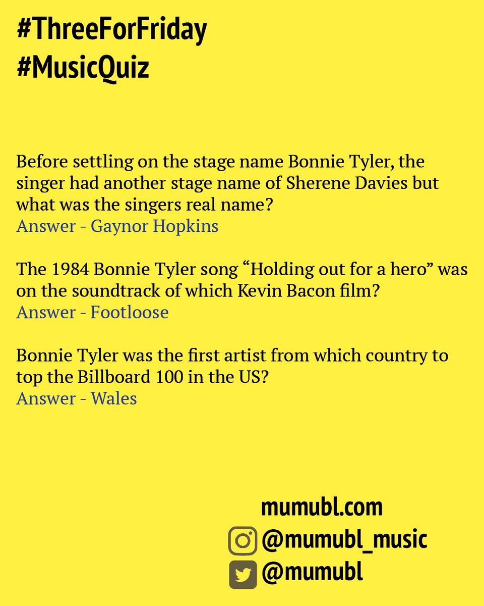Mumubl's tweet photo. Our #threeForFriday #music #quiz round last week was a @bonnietylerofficial round after hearing of the sad death of the singer earlier in the week. 
Did you get all three? Well done if you knew her real name - that's some music knowledge!
More questions on Friday as always https://t.co/rSJlroaHwp