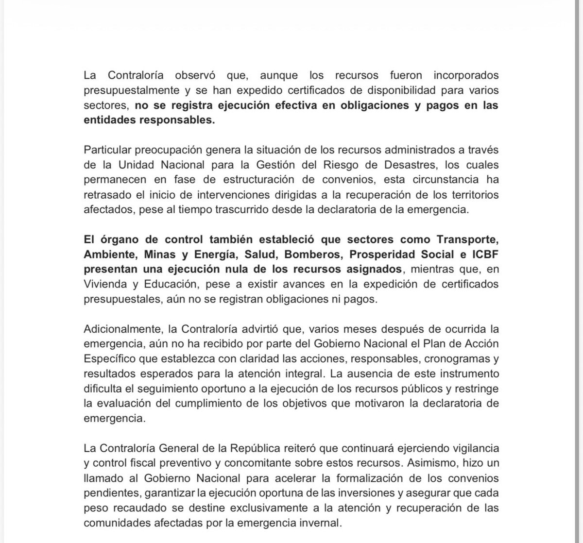 ricarospina's tweet photo. Atentos: La @CGR_Colombia emitió una alerta por la baja ejecución de recursos por parte del gobierno del presidente @petrogustavo relacionados con la Emergencia Económica por el frente frío que dejó centenares de miles de damnificados en Córdoba y otros departamentos. Vía @BluRadioCo