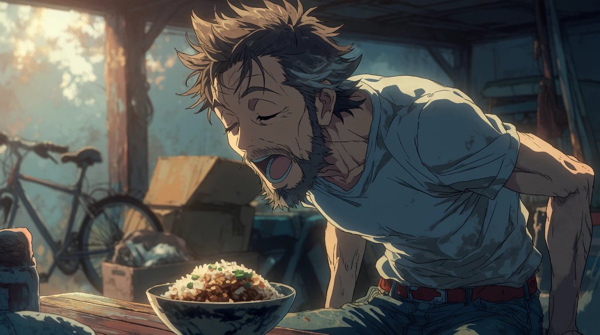 Hungry Man in Sunlit Garage