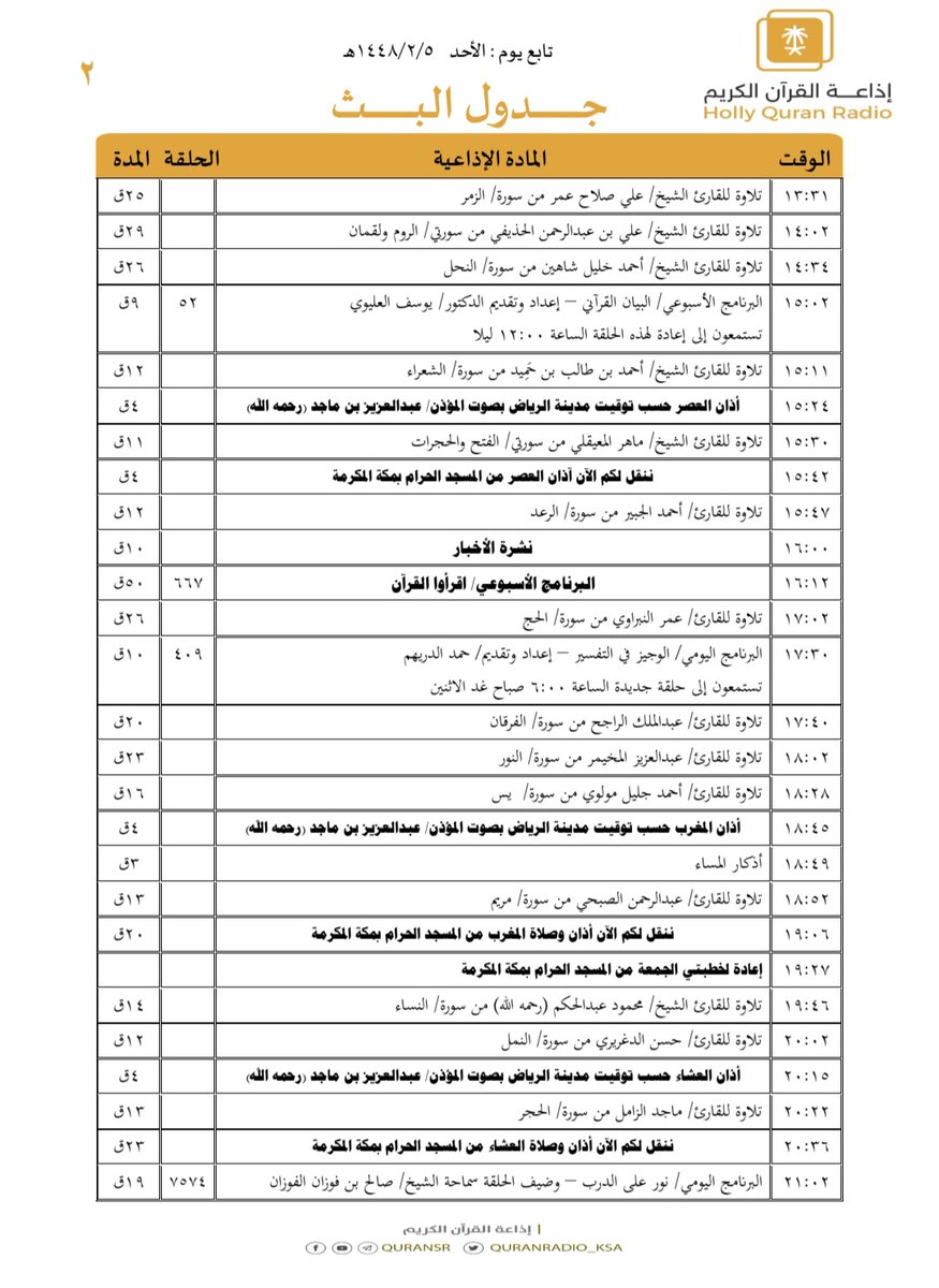 QuranRadio_ksa's tweet photo. جدول تلاوات وبرامج
#إذاعة_القرآن_الكريم
ليوم #الأحد 1448/2/5

رابط البث المباشر 👇🏻
https://t.co/Uc2JC5TYgh https://t.co/Qw7c1cetmc