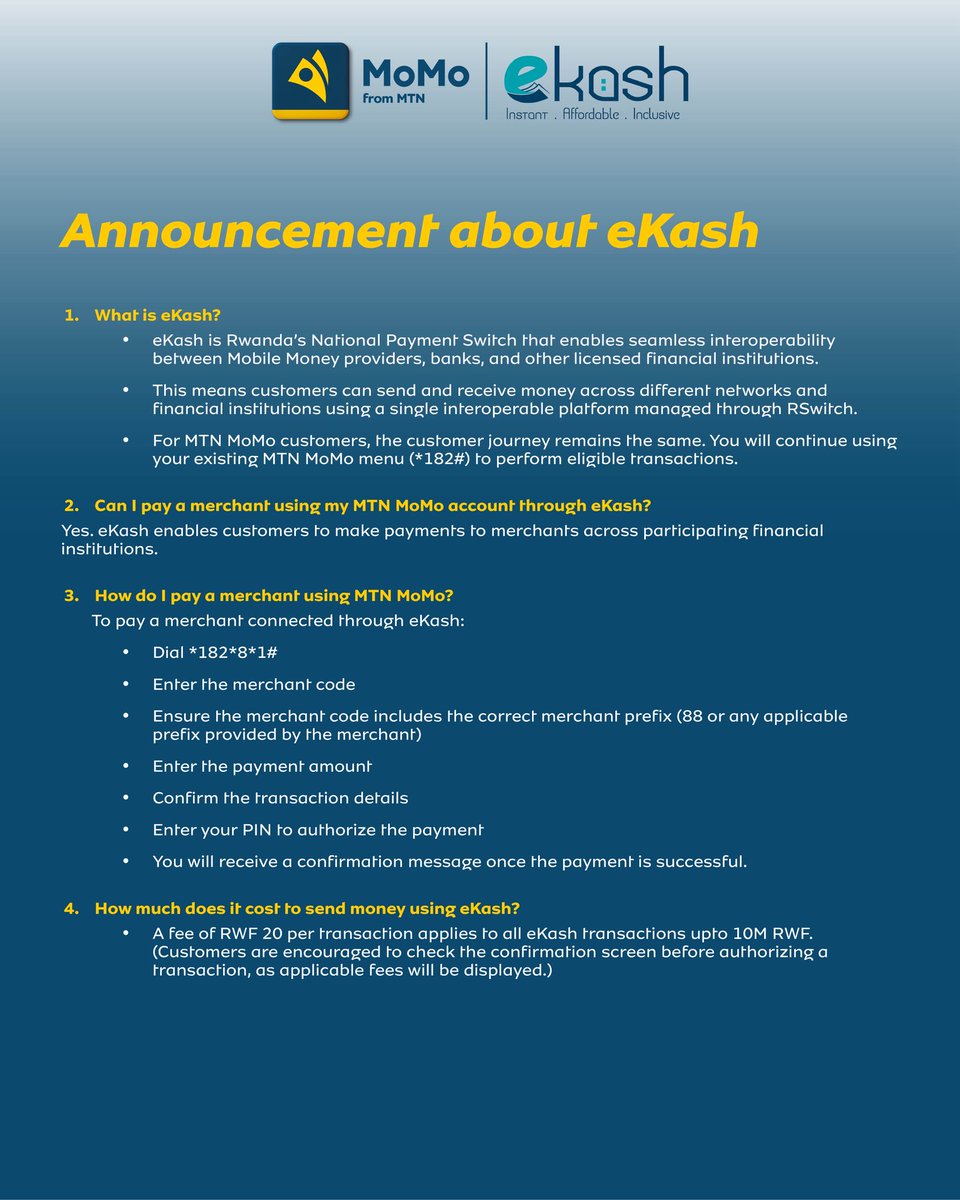 MoMo_Rwanda's tweet photo. Here is what you need to know about #Ekash

Ibyo mukwiriye kumenya ku bijyanye na #Ekash https://t.co/Q6oVX5s54o