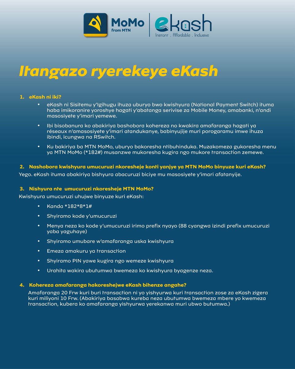 MoMo_Rwanda's tweet photo. Here is what you need to know about #Ekash

Ibyo mukwiriye kumenya ku bijyanye na #Ekash https://t.co/Q6oVX5s54o