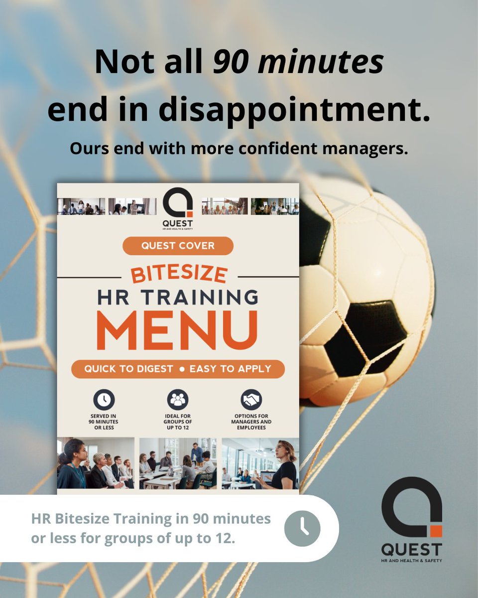 questcover's tweet photo. Let's not dwell on yesterday's 90 minutes...
Ours end with more confident managers.
HR Bitesize Training in 90 minutes or less for groups of up to 12.
Ready to make your next 90 minutes count?
https://t.co/e2gKnr8Uzz
#ENGARG #HRTraining https://t.co/iQZ9l2e0rI