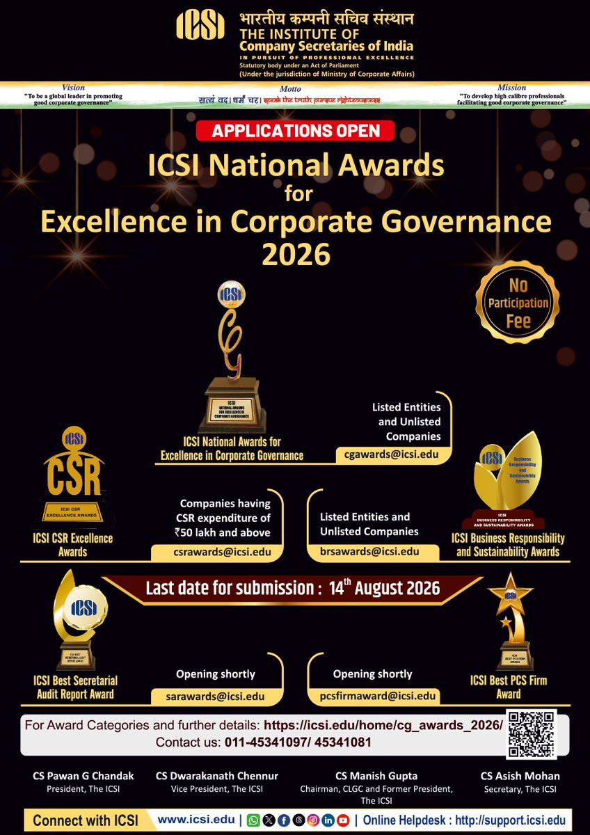 icsi_cs's tweet photo. Applications Open for #ICSI National Awards for Excellence in #CorporateGovernance 2026. Apply @ https://t.co/2DcK3TppBY #ICSICGAwards https://t.co/opzyRVgZi4
