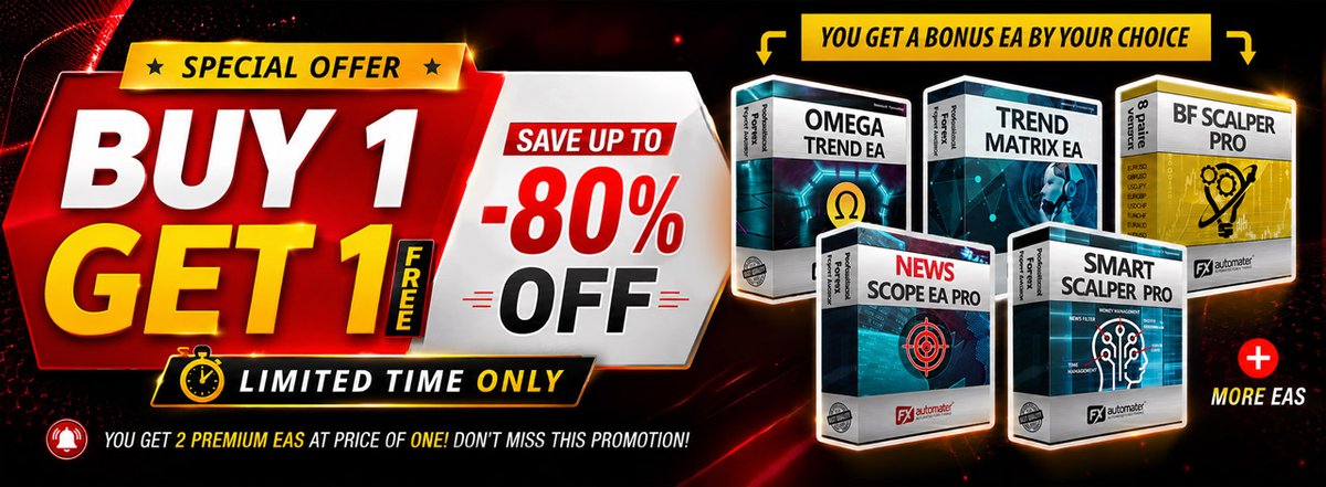 FX_automater's tweet photo. 🎉 BUY 1 &amp; GET 1 FREE is HERE! 🎉

Don't miss one of our biggest promotions! 🚀

💰 Save up to 80% OFF and get 1 EA completely FREE!

✅ Buy 1 EA
✅ Get 1 EA of your choice FREE

⏳ Limited-time offer – don't wait!

🌐 Check out all special offers at https://t.co/qvf0g9wz3Y https://t.co/jFGgacBchm
