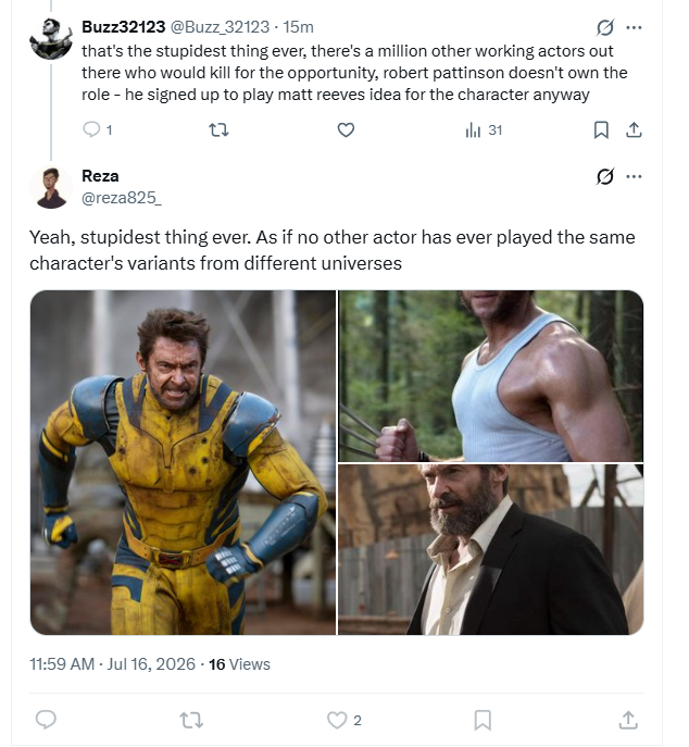 IronBuzzBat's tweet photo. blocked me before i could respond, but ooh what a good rebuttal, FOX's x-men, famously revered for their totally non-confusing handling of consistent universes

everyone's a huge fan of how there's 4 different origins for hugh jackman's wolverine, yeah we want more of that bro https://t.co/a6uD9DqwOG