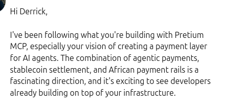 derrickbund's tweet photo. AI agents 🤝🤖

We're building the infra that lets AI agents securely spend, transfer, and settle payments across African payment rails using both fiat and stablecoins.

If you're building AI agents, autonomous commerce, or agentic workflows, our DMs are open. https://t.co/mLfk71BTga
