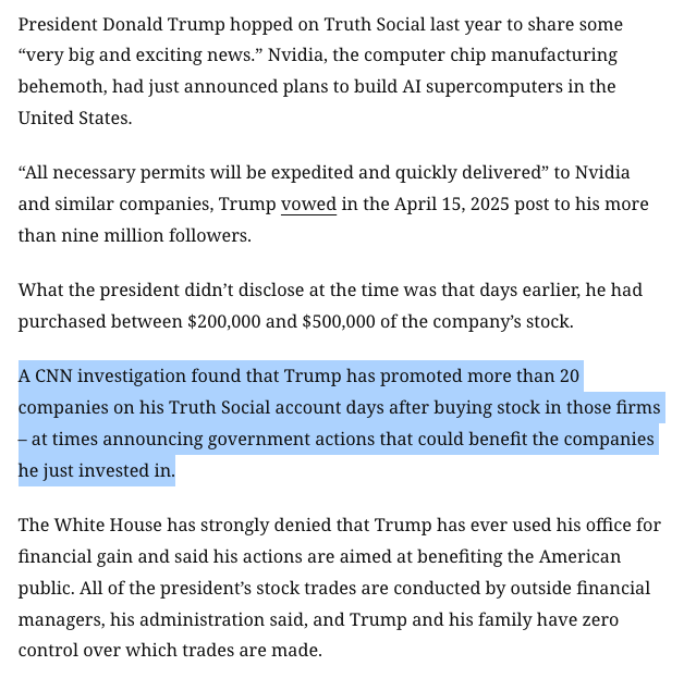 AaronBlake's tweet photo. Trump has promoted more than 20 companies on his Truth Social account just days after buying their stock, according to a CNN investigation. https://t.co/tmw3EhaNXF