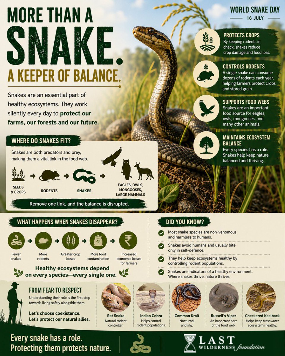 LastWilderness's tweet photo. Every snake has a purpose. By controlling rodents, they protect crops, support food webs, and keep ecosystems in balance. This #WorldSnakeDay, choose awareness over fear—protect snakes, protect nature. 

#ProtectSnakes #WildlifeConservation #NatureInBalance #LWF https://t.co/T1UnMfmf1P