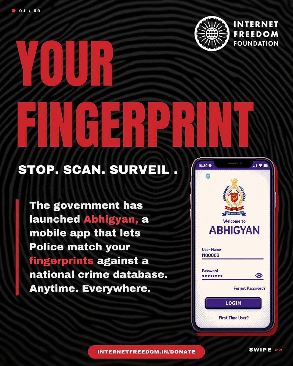 internetfreedom's tweet photo. Police can now check your fingerprints anywhere, in 35 seconds, using the new Abhigyan app. The law it rests on is still under challenge. We have sought a rollback. Here's why. https://t.co/Vy1hOPYOYf